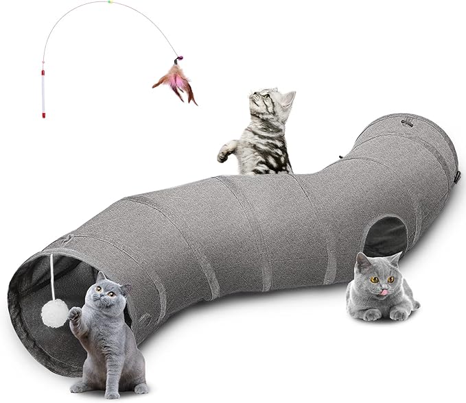 Ownpets Cat Tunnel Sturdy Oxford Fabric Cat Tunnel Toy, S-Shape Collapsible Cat Tunnels for Indoor Cats,Interactive Peek Hole Pet Tunnel Tube with Cat Wand Toy