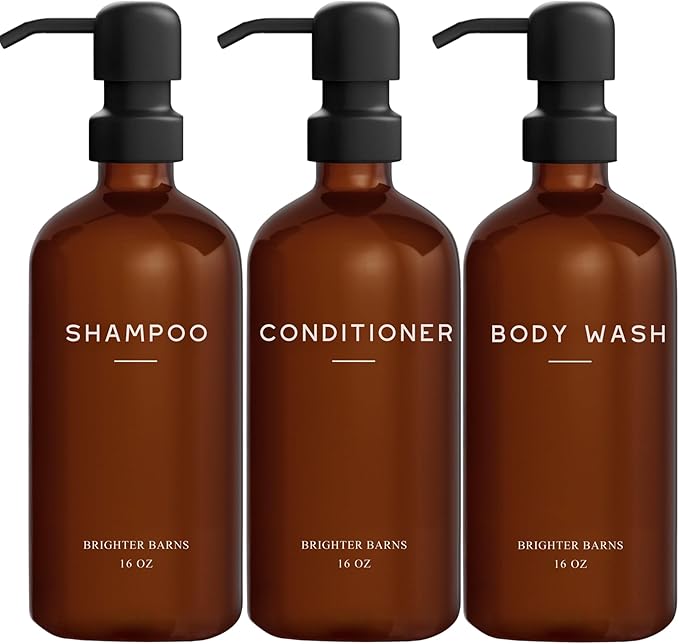 Amber Shampoo and Conditioner Dispenser Set by Brighter Barns - Body Wash and Shampoo Bottles with Pump - Refillable Plastic Shower Dispenser for Modern Bathroom Decor in Vacation Rental, Spa (Amber)