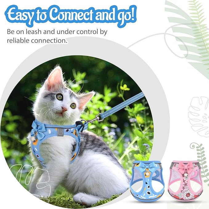 Cat Harness and Leash Escape Proof for Walking, Adjustable Soft Kitten Harness with Reflective Straps Step in Cat Vest Harness for Small Kitten and XS Dogs (Blue, XXS-Chest(8.7"-10.2"))