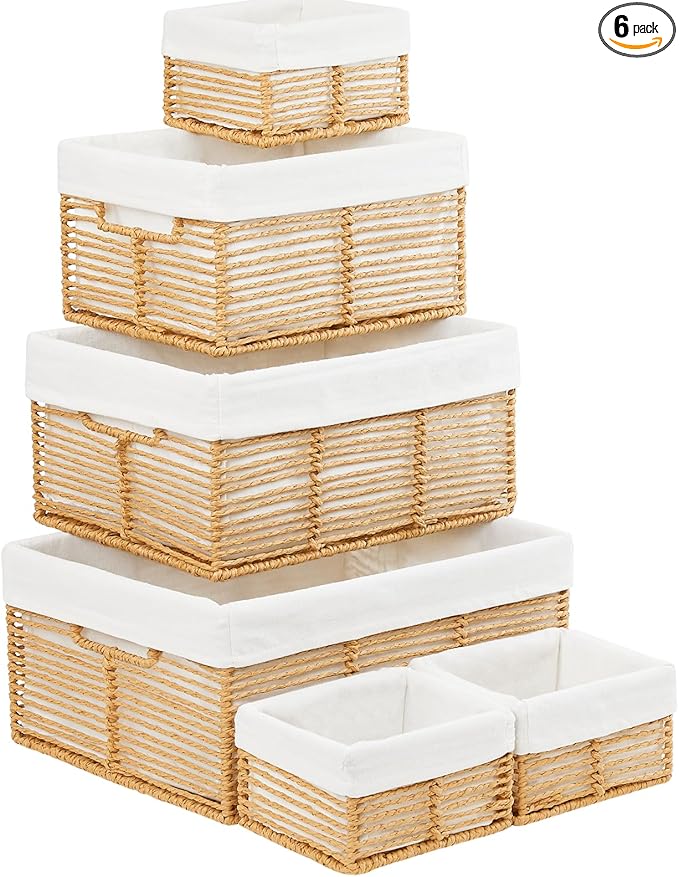 Vagusicc Wicker Storage Basket, 6 Pack Baskets for Organizing, Wicker Baskets with Handle, Rectangular Woven Basket for Storage Shelves, Cube Storage Bins for Closet/Clothes/Dresser, Natural