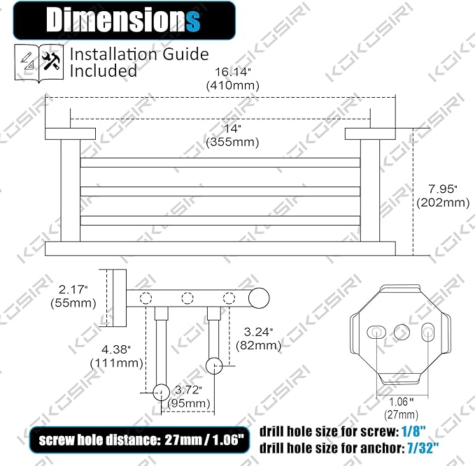KOKOSIRI Bath Towel Rack with Double Towel Bars 16-Inch Bathroom Towel Shelves Towel Holder Wall Mounted Stainless Steel, Matte Black, B6005BK-L16