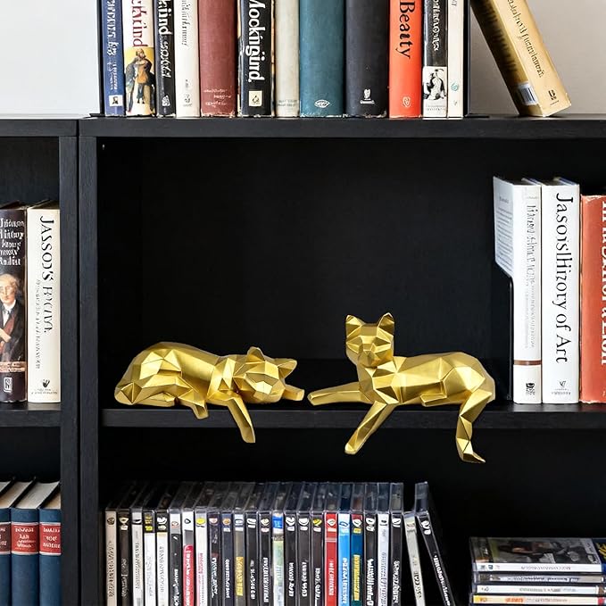 Mrlikale Bookshelf Decor Cat Statue, Modern Geometric Cat Figurines for Living Room Office Shelves Coffee Table Desk Decor – Set of 2 Minimalist Animal Statues (Gold)