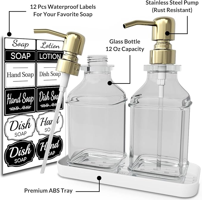 Soap Dispenser - 2 Pack, Antique Design Thick Glass Hand Soap Dispensers with Sturdy Tray; 304 Rust Proof Stainless Steel Pump, 12Pcs Stickers, for Kitchen, Bathroom