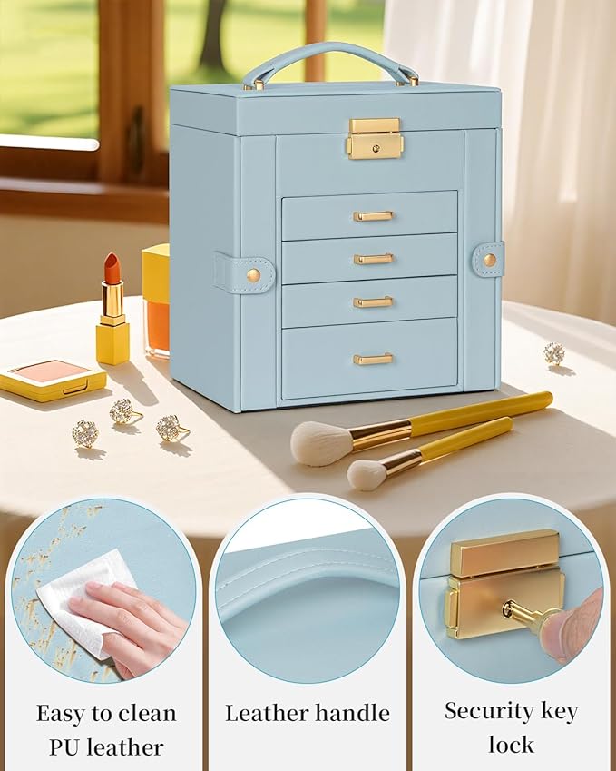 TORIBIO Jewelry Box for Women, Leather Jewelry Organizer with Mirror & Lock, 5-Tier Jewelry Storage Organizer with 4 Drawers for Girls/Women/Mothers, Necklace Earring Bracelets Holder Organizer