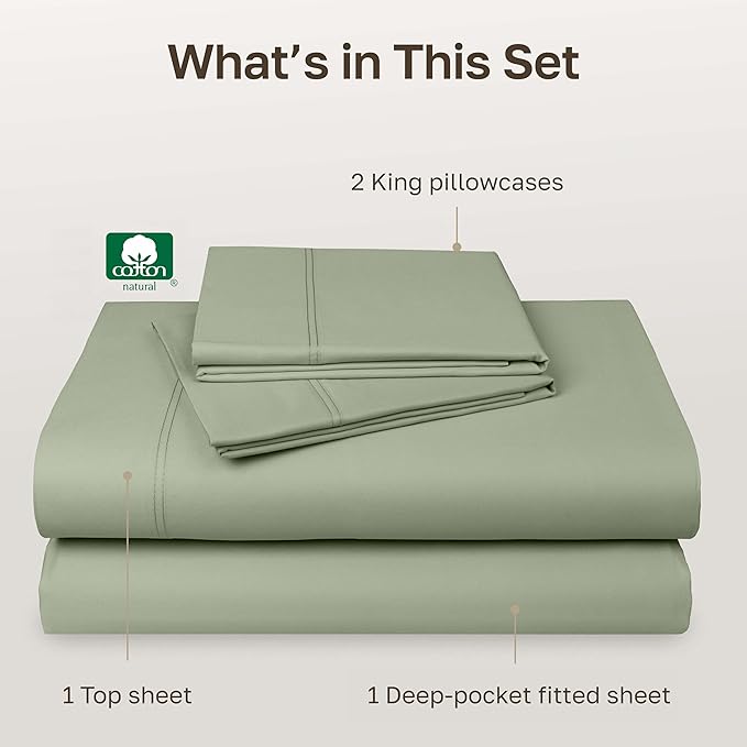 California Design Den Natural 100% Cotton Bed Sheets King Size Set - Luxury 600 Thread Count Sateen, Hotel Quality King Size Sheet Set, Fully Elasticized Deep Pockets, Cool and Durable - Laurel Green