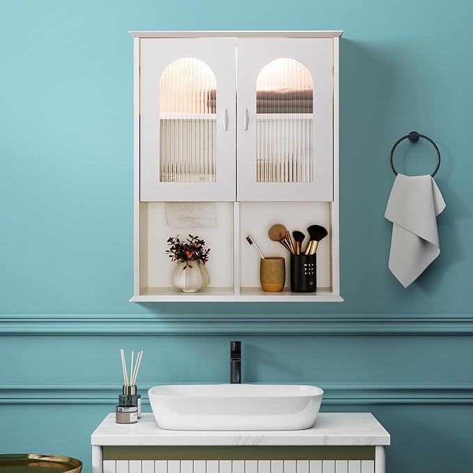 Bathroom Wall Cabinet with Lighting & Tissue Hole, Wall Mounted Glass Door Medicine Cabinet Over Toilet Storage for Laundry Room Kitchen