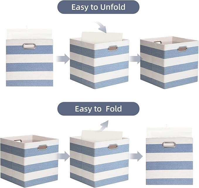11x11 Cube Storage Bins, Collapsible Fabric Storage Cubes, Cubby Storage Organizer Bins Striped Container Baskets for Organizing Home Office Wardrobe Closet Shelf, Pack of 4, Blue/White