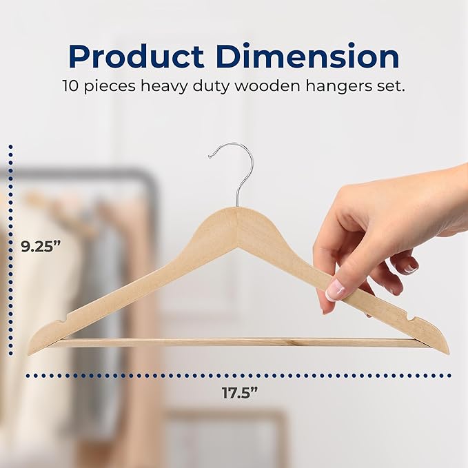 SereneLife 30-Pack Heavy Duty Wooden Hangers – Solid Wood Clothes Hanger Set with 360° Swivel Hook, Pant Bar & Notches for Jackets, Suits, Dresses, and Tops – Natural Smooth Finish