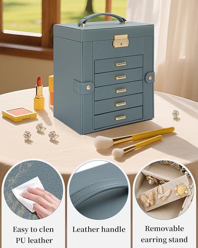 TORIBIO Large Jewelry Box for Women, Leather Jewelry Organizer with Mirror & Lock, 6-Tier Jewelry Storage Case for Girls/Women/Mothers, Necklace Earring Bracelets Holder Organizer, Grey Blue