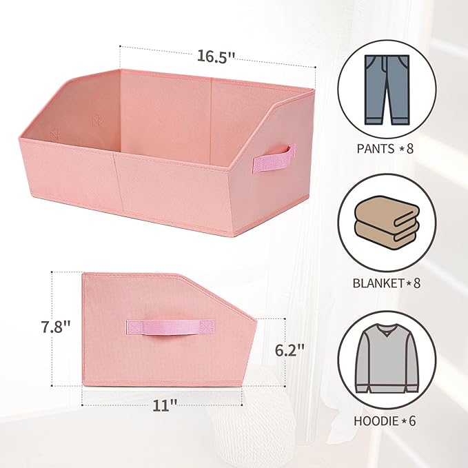 Closet Baskets for Shelves Trapezoid - Decorative Storage Baskets with Handle, Closet Bins for Organization, Shelf Storage Bins for Clothes, Books, Home, Office, 8 Pack, Pink