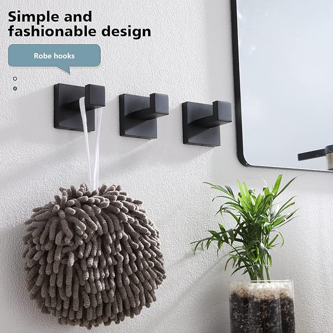KOKOSIRI Bath Towel Hook Wall Mounted Square Robe Hook Coat Hook Bathroom Kitchen Garage Heavy Duty SUS 304 Stainless Steel 3 Pack Matte Black B1010BK-P3