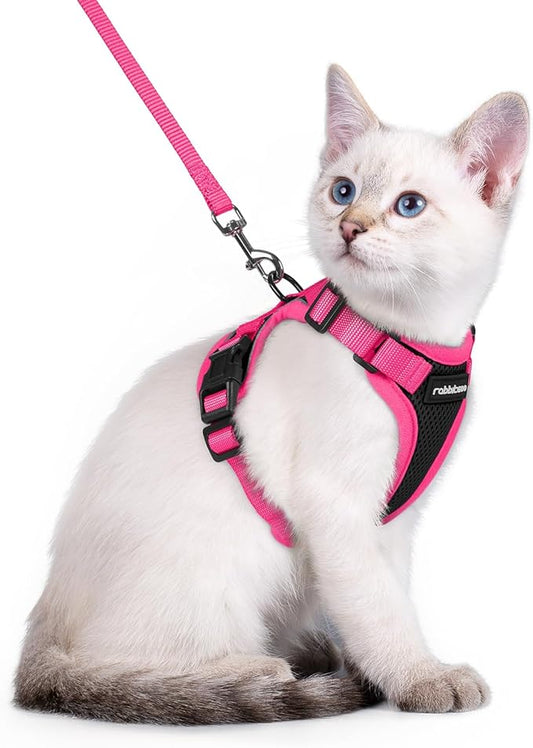 rabbitgoo Cat Harness and Leash Set, Escape Proof Soft Adjustable Vest Harnesses for Outdoor Walking, Easy Control Breathable Kitten Jacket with Reflective Strips, Black & Rose Pink, XXS