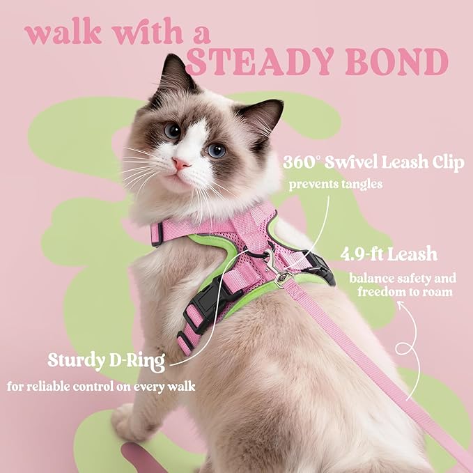 rabbitgoo Cat Harness and Leash for Walking, Escape Proof Soft Adjustable Vest Harnesses for Cats, Easy Control Breathable Reflective Strips Jacket, Pink&Light Green, XXS