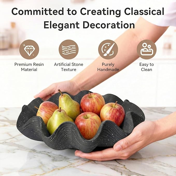 Large Decorative Bowl Home Decor - 12.6" Modern Resin Scalloped Ruffle Decorative Fruit Bowl for Kitchen Counter, Chic Key Tray for Entryway Table, Starry Black