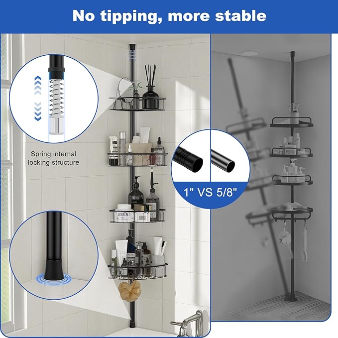 Corner Shower Caddy Tension Pole: Aluminum Shower Caddy Rod with Stainless Steel 4 Tier Adjustable Rustproof Shelves Organizer for Bathroom, 47-121 inch, No Drilling Quick Installation Heavy Duty