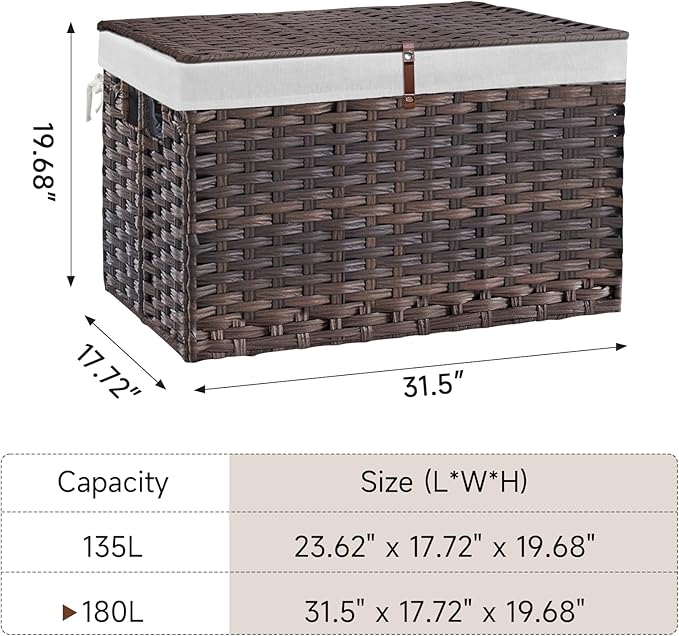 180L Wicker Storage Basket with Lid, Handwoven Rattan Large Shelf Basket with Removable Liner, 47.6 Gallon Wicker Basket for Blanket, Storage Trunk with Handle for Closet, Bedroom, Livingroom, Brown