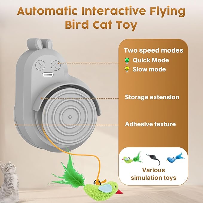 Interactive Cat Toys for Indoor Cats - Automatic Flying Bird Feather & Mouse Wand Enrichment Toy, Hands-Free or Handheld USB-Rechargeable Safe Play Chase Exercise for Bored Kittens and Adult Cats