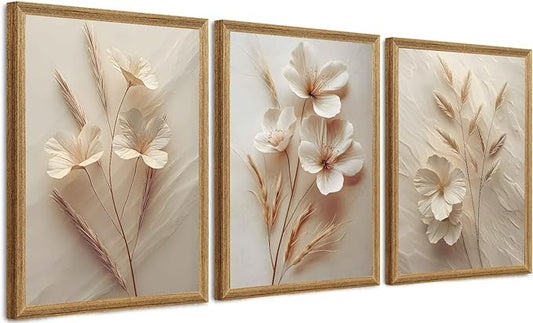 arfitest 3Pcs framed Neutral Beige Floral Canvas Wall art Modern Simple Texture Flower Plant Painting Picture Wall Decor Vintage Blossom Poster Print for Living Room Bedroom Bathroom (12x16 inches)