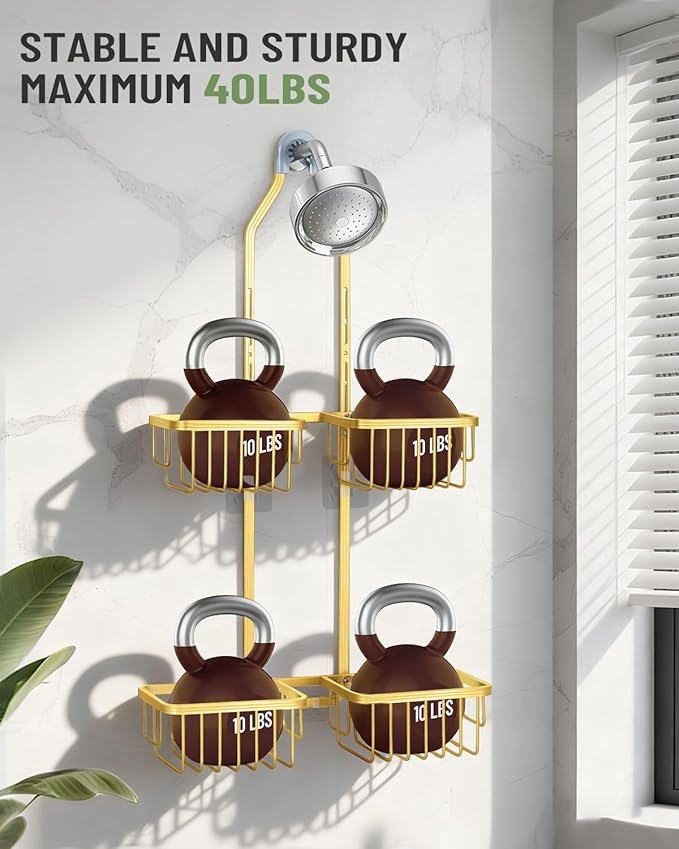 Adjustable Shower Caddy Hanging for Handheld Showerheads - Never Rust Shower Hanging Organizer, Upgraded Bathroom Shower Rack with Soap Basket, Hooks and Toothbrush Holder (Gold)