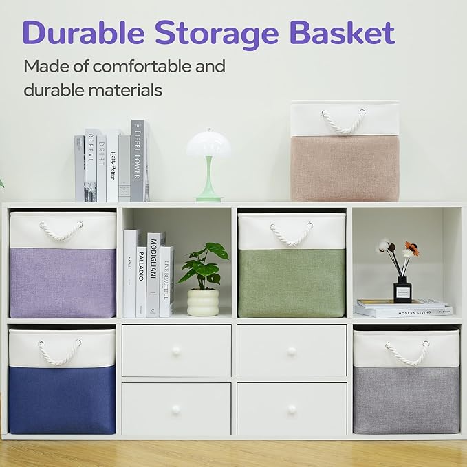 12 x 12 Inch Cube Storage Bins, 4 Pack Fabric Storage Basket with Handles, Foldable Boxes Organizer for Shelf Baskets for Home, Clothes, Toys (White/Purple)