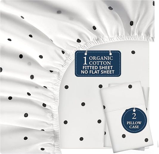 LANE LINEN King Fitted Sheet, 100% Organic Cotton, 3-Piece Set (1 Fitted Sheet,2 Pillowcases), Percale Weave, Ultra Soft, Breathable,Fits Mattress Upto 15" Deep - Polka Dot (No Flat Sheet)