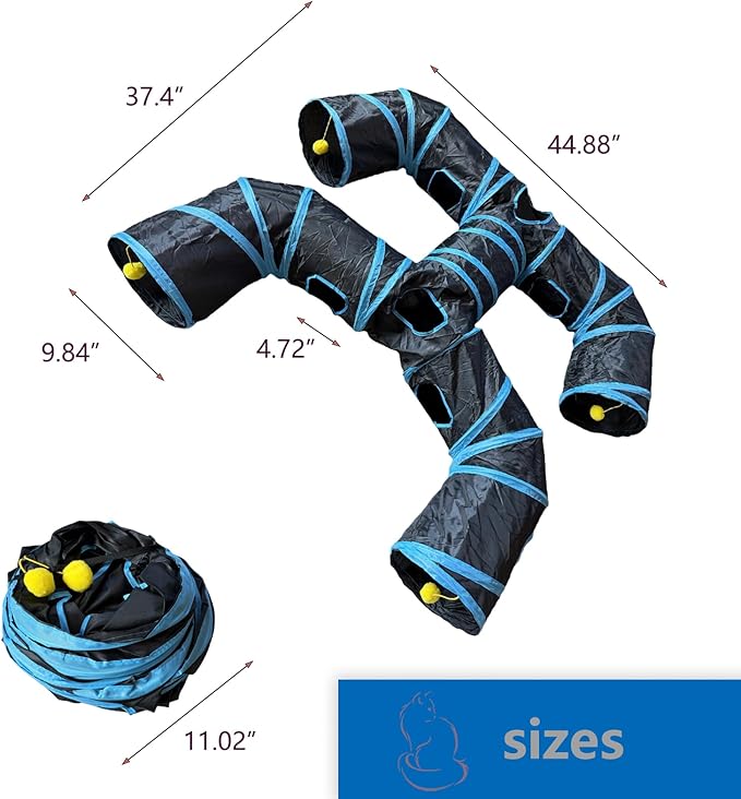 Foldable H-Shaped Cat Tunnel Toy with Interactive Playing Balls - 4 Exits for Cats, Kittens, Rabbits & Small Pets Collapsible Play Tube for Indoor Fun & Exercise (Blue Black)