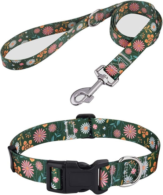 Dog Collar and Leash Set with Bohemia Floral Tribal Geometric Patterns - Soft Ethnic Style Collar Adjustable for Small Medium Large Dogs(Dark Green Flower Set,S)