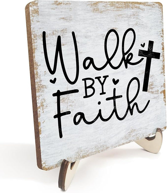 Motivational Sign Rustic Desk Decor Decorative Christian Gifts Religious Bible Verse Faith Decoration for Home Coffee Shop Office Table Shelf Tiered Tray Plaque with Wood Stand