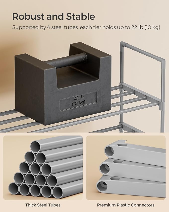 SONGMICS Shoe Rack, 2-Tier Shoe Organizer, Metal Storage Shelf, Upright or Upside Down, for 12-15 Pairs, Stackable, for Entryway, 11.8 x 36.2 x 13.4 Inches, Gray ULSA012G01