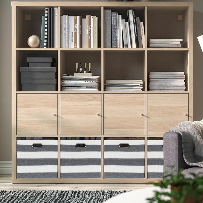 13x15x13 Storage Cube Bins, Foldable Storage Cubes, Fabric Organizer Basket Bin, Striped Containers Decorative Storage Boxes for Shelves Wardrobe Closet Home Office, 4 Pack, Black/White