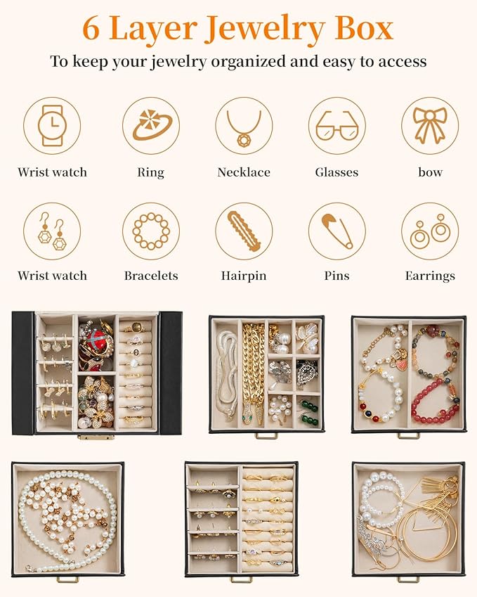 TORIBIO Large Jewelry Box for Women, Leather Jewelry Organizer with Mirror & Lock, 6-Tier Jewelry Storage Case for Girls/Women/Mothers, Necklace Earring Bracelets Holder Organizer