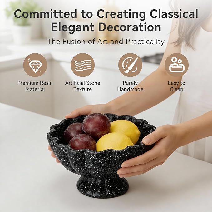 Pedestal Decorative Bowl Home Decor - Morden Resin Handmade Decorative Fruit Bowl for Kitchen Counter, Chic Ruffle Bowl Centerpiece Decor for Dining Table Coffee Table (Starry Black