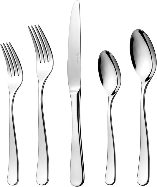 Luciella Tropea Flatware Set for 12, 65-Piece Premium 18/10 Stainless Steel Silverware Set with Serving Utensils, Modern Mirror Finish, Rust Resistant, Dishwasher Safe