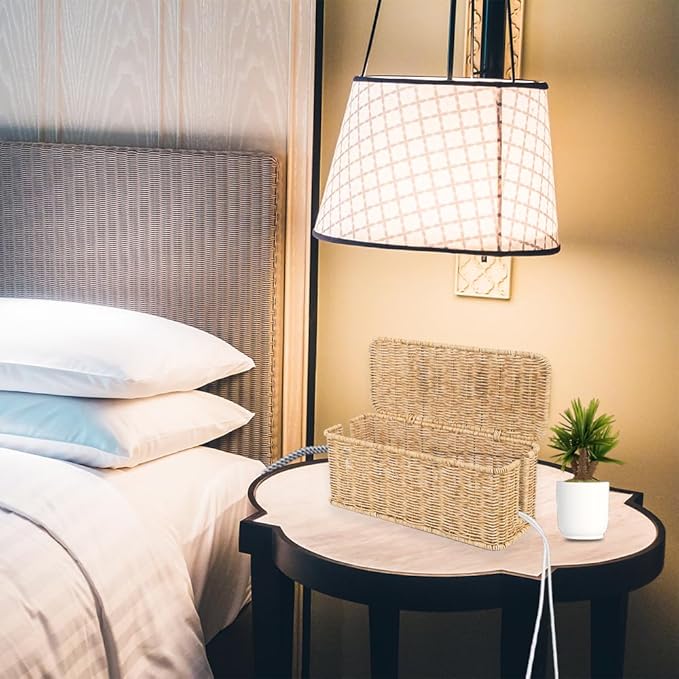 Cable Management Box, Handmade Rattan Cable Organizer, 2 Open Slots Cords Hider Box, Under Desk Cord Organizer for Computer Router USB Hub & Power Strip, Patent Pending, 13" x 5.1" x 5.1", Natural