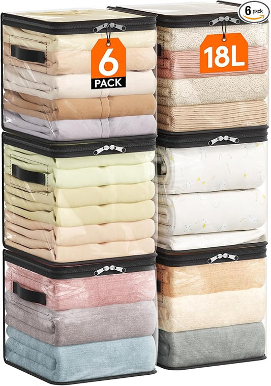 Lifewit 6 Pack Clear Clothes Storage Bags, 11 Inch Clear Cube Storage Bins, 18L Vinyl Foldable Moving Bags with Zipper, Storage Container for Sweater Sheets Yarns