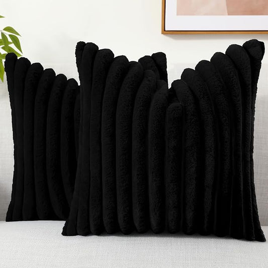 decorUhome Faux Fur Spring Throw Pillow Covers 24x24 Set of 2, Decorative Soft Plush Striped Neutral Couch Euro Sham Pillow Covers with Velvet Back for Sofa, Bed, Living Room Home, Black