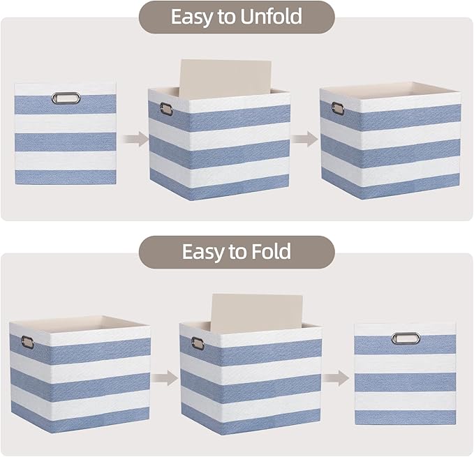 13x15x13 Storage Cube Bins, Foldable Storage Cubes, Fabric Organizer Basket Bin, Striped Containers Decorative Storage Boxes for Shelves Wardrobe Closet Home Office, 4 Pack, Blue/White