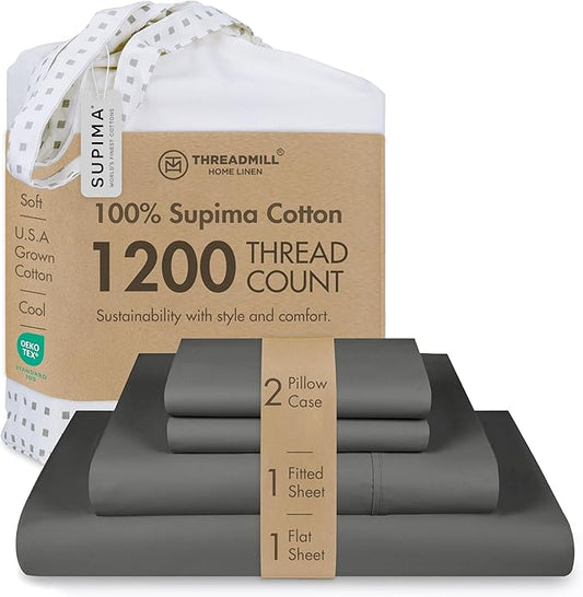 Threadmill Luxury Supima Cotton Sheets, Luxury 1200 Thread Count Soft 100% Cotton Sheets for Full Size Bed, 4 Pc Dark Grey Bed Sheets Full Set, 5-Star Hotel Quality Deep Pocket Bed Sheets Set