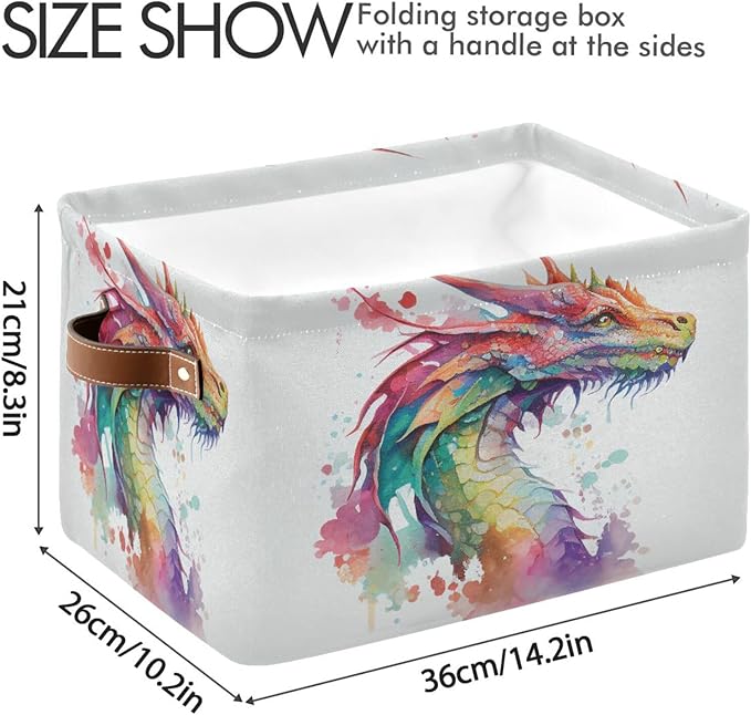 Large Storage Basket Watercolor Dragon Cube Storage Bin Canvas Fabric Organizer Handles Collapsible for Clothes Toys Bedroom Decorative