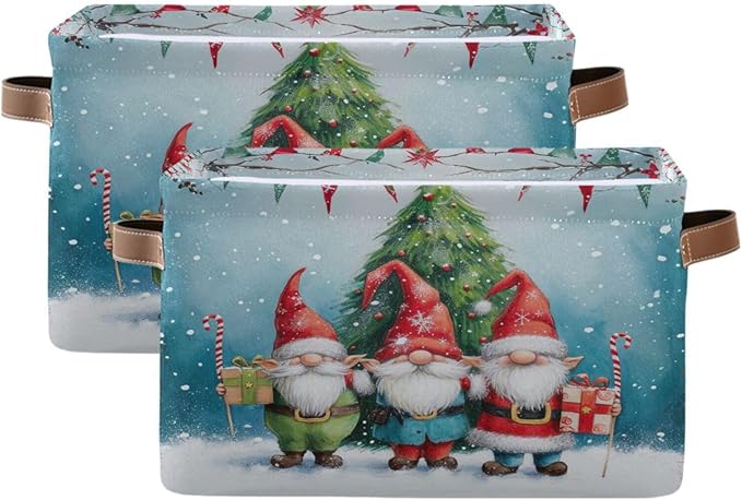 Large Storage Basket Christmas Gnomes Storage Bin Cube Canvas Fabric Organizer Handles Collapsible for Clothes Toys Bedroom Decorative