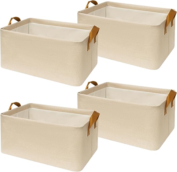 SNWDN 4 Pack Closet Cloth Storage Bins for Shelves,Large Storage Baskets for Shelves, Fabric Bins for Closet organization with Handles（ Beige 17''L x 12''W x 10''H）