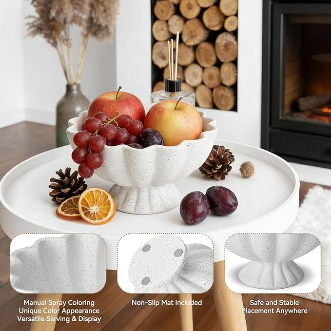 Pedestal Decorative Bowl Home Decor - Morden Resin Handmade Decorative Fruit Bowl for Kitchen Counter, Chic Ruffle Bowl Centerpiece Decor for Dining Table Coffee Table (Spotted White)