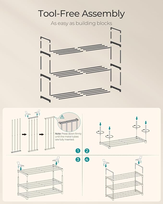 SONGMICS Shoe Rack, 3-Tier Shoe Organizer, Metal Storage Shelf, Upright or Upside Down, for 8-12 Pairs, Stackable, for Entryway, 11.8 x 26.8 x 21.7 Inches, Black ULSA203B01