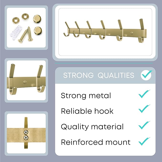 Brushed Gold Wall Mounted Coat Rack – 17 Inch Stainless Steel Rail with 6 Double Coat Hooks for Entryway, Bathroom, Bedroom, Kitchen – Modern Gold Hook Rack for Coats, Hats, Towels