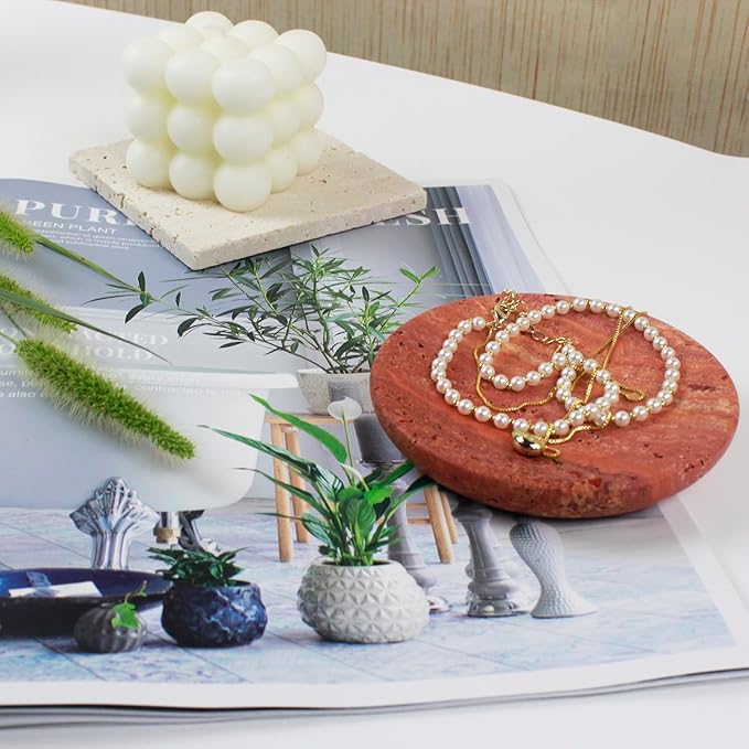 𝟏𝟎𝟎% Round Marble Ring Dish, Stone Jewelry Holder,Trinket Dish Tray Ring Holder, Nightstand Decor,Sponge Holder for Bathroom Kitchen Sink (Red Travertine)