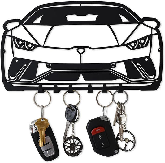 MOOH Metal Automotive Key Holder with 6 Hooks - Unique Wall Mounted Car Lovers Gifts for Men & Women - Cool Man Cave Decor (Lamborghini Huracan 2024, Black)