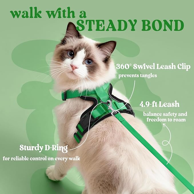rabbitgoo Cat Harness and Leash for Walking, Escape Proof Soft Adjustable Vest Harnesses for Cats, Easy Control Breathable Reflective Strips Jacket, Grass Green,M