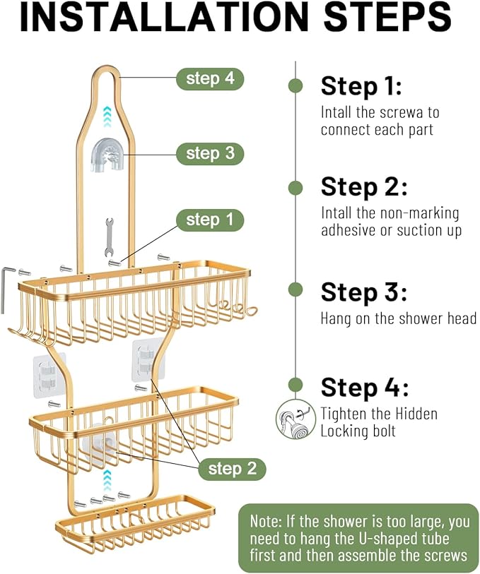 Shower Caddy Hanging - Never Rust Shower Hanging Organizer - Aluminum Over the ShowerHead Caddy with Soap Basket and 6 Razor/Sponge Hooks (Gold)