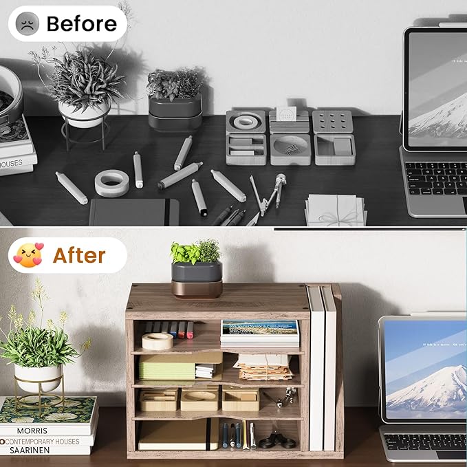 File Organizer Desktop, Wood Desk Organizer with 3 Adjustable Shelves, Mail Paper Sorter for Office, Home, File Holders for Envelopes, Mail Supplies or Magazines, Greige