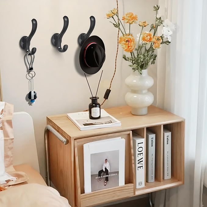 6 Pack Coat Hooks Wall Mount Heavy Duty Utility Retro Double Hooks for Hanging Coats,Hat, Towel, Key, Robe, Scarf, Bag, Cap (Black)